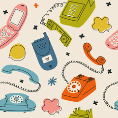 Seamless pattern with vintage telephones. Flat vector pattern wallpaper with retro gadgets for textile and fabric. Isolated dial telephone, wireless telephone, phone systems, handset, desk phone.