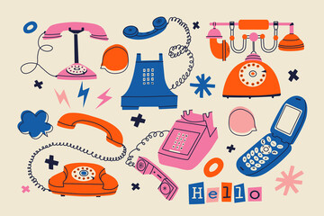 A tren set of various vintage telephones. Hand-drawn colourfu wire and cell phones. Flat vector illustration with retro gadgets. Isolated dial telephone, wireless telephone, phone systems, handset, de