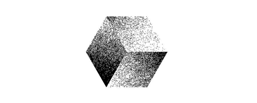 Noise destroyed cube logo . Trendy grainy shapes . Graph print texture .Spray effect .Grunge texture . Distressed element .vector hexagon.