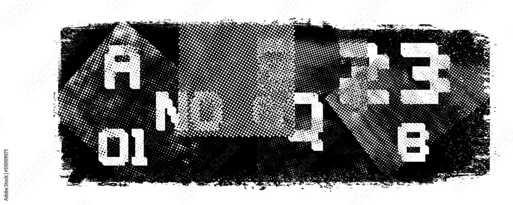 Poster Glitch distorted geometric shape . Noise destroyed logo . Trendy defect error shapes . Glitched frame .Grunge textured . Distressed effect .Vector shapes with a halftone dots screen print texture.