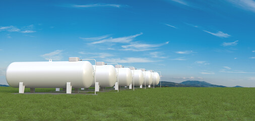 Row of big gas tanks in summer landscape - obrazy, fototapety, plakaty