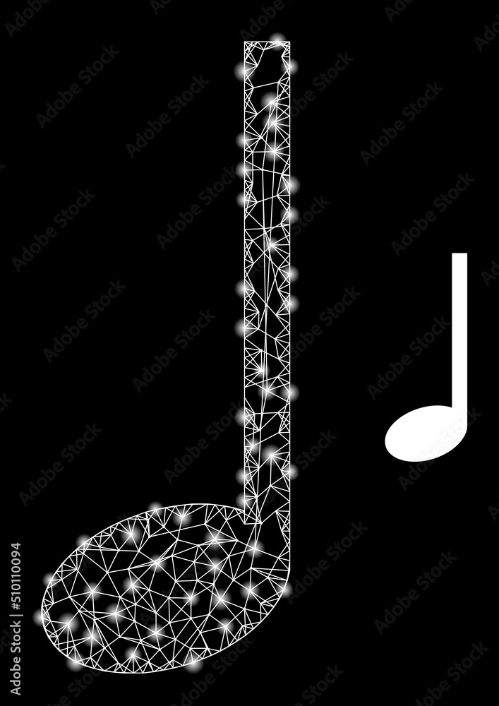 Poster crossing mesh music note carcass icon with light spots. illuminated vector constellation is created 
