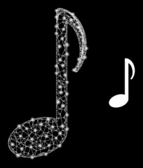 Crossing mesh music note framework icon with light spots. Illuminated vector model is created from music note icon. Vector carcass mesh music note icon.
