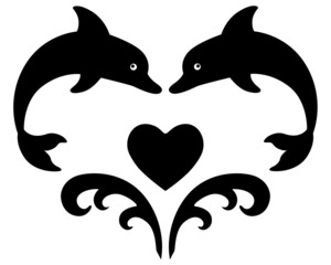 Dolphins and sea waves in heart shape - vector silhouette drawing for logo, pictogram or tattoo. Bottlenose dolphins - marine mammals jumping over the waves for an icon or sign.