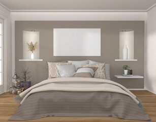 mock up Poster on the wall in modern Bedroom, 3D rendering, 3D illustration