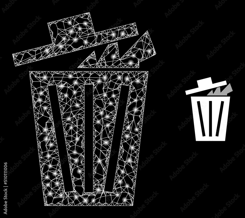 Poster crossing mesh office bucket carcass icon with light spots. illuminated vector model is created from 