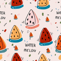 cute Seamless pattern with watermelon minimal design colorful , summer fruit, vacation , flat sign , vector wallpaper texture and illustration