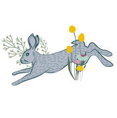 Spring set with rabbit and plants and flowers illustration