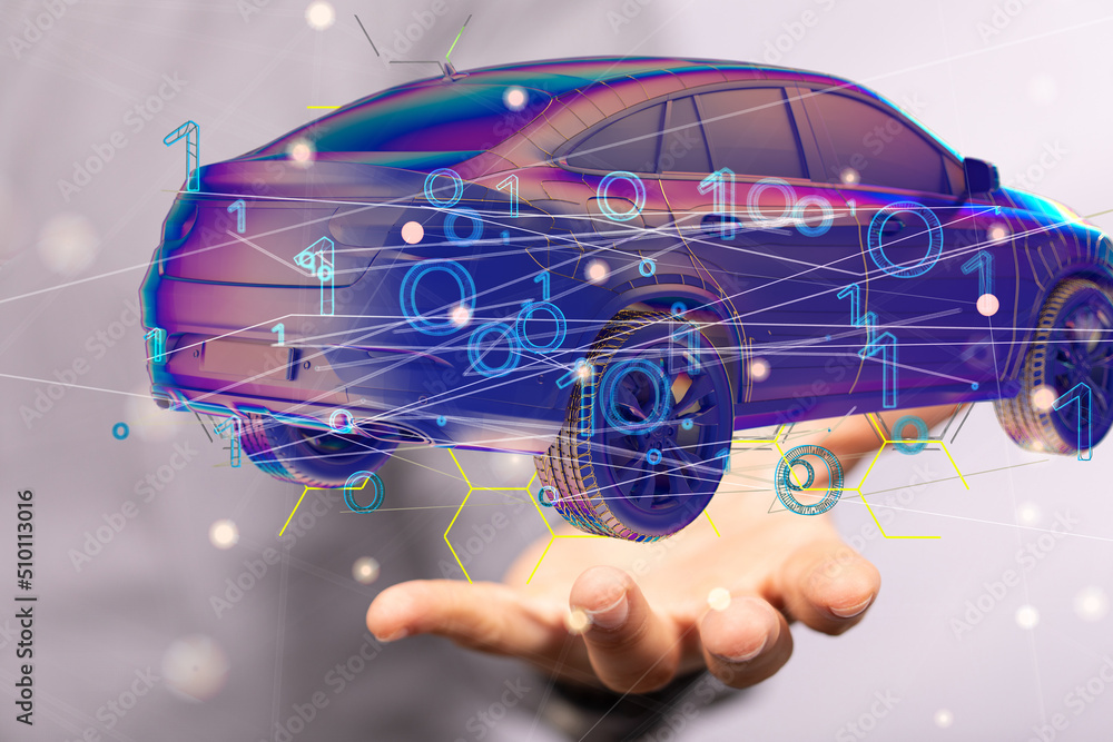 Poster Autonomous car with HUD graphic of Navigation system driving