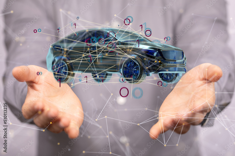Poster Autonomous car with HUD graphic of Navigation system driving