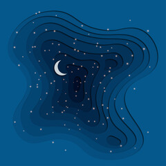 Dark sky with moon and bright stars in paper cutout effect. Midnight background. Vector illustration.