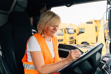 Mature woman truck driver steering wheel inside lorry cabin. Happy middle age female trucker...