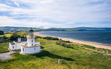 Chanonry Lighthouse on the Black Isle from a drone, Chanonry Point, East Coast of Scotland