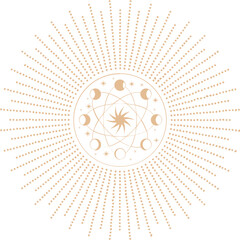 Sun symbol with moon orbits