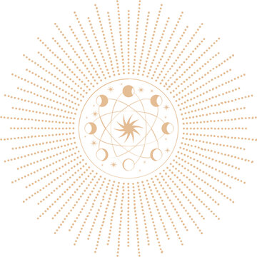 Sun symbol with moon orbits