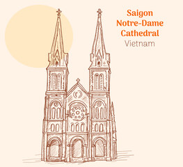 Fototapeta premium Saigon Notre Dame Cathedral vietnam hand drawing vector illustration