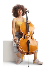 Young female musician sitting on a white cube with a contrabass and smiling