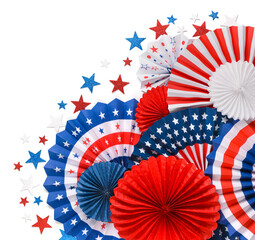 Vibrant red white and blue paper fans with stars in the bottom right corner. For 4th of July,...