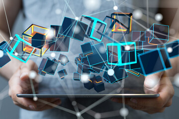 abstract lines with dots over dark background.