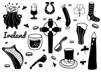 Irish set. The background of the vector illustration. Guinness, beer, clover, whiskey, coffee, hat, St. Patrick, sports equipment, coins, pot of gold, Celtic cross, pipe. Traditions of the country.