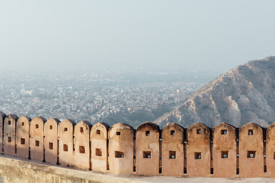 Wall of the fort with designs overlooking Jaipur