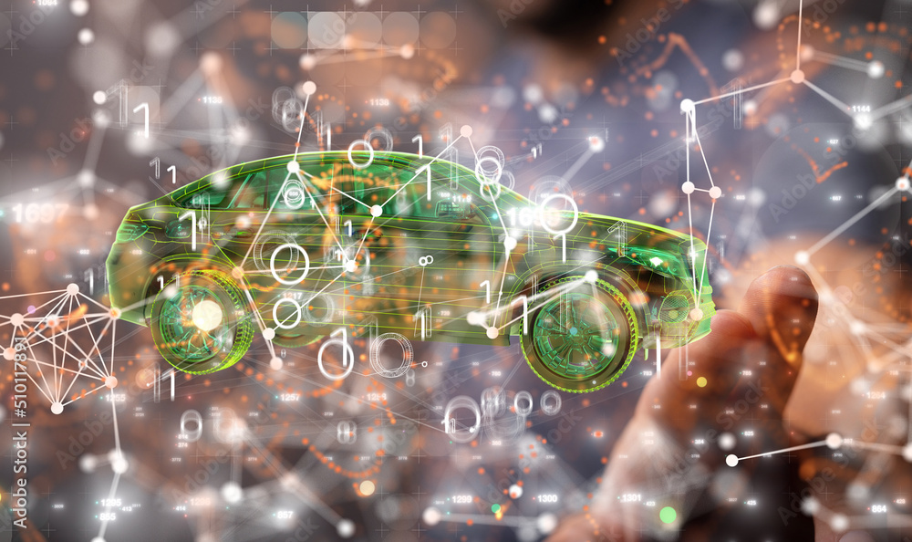 Poster autonomous car with hud graphic of navigation system driving