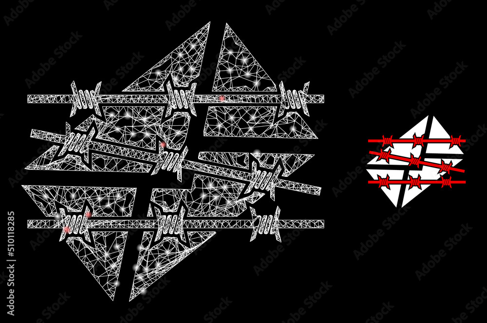 Poster crossing mesh spam letter jail wireframe icon with lightspots. illuminated vector model is created f
