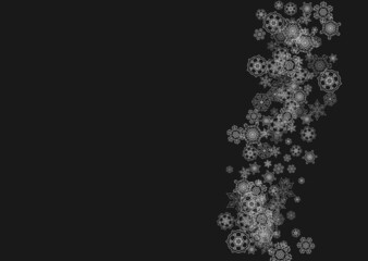 Silver snowflakes frame on black background. Horizontal shiny Christmas and New Year frame for gift certificate, ads, banners, flyers. Falling snow with glitter silver snowflakes for party invite