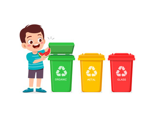 little kid throw organic waste to recycle bin