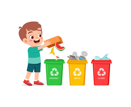 little kid throw organic waste to recycle bin
