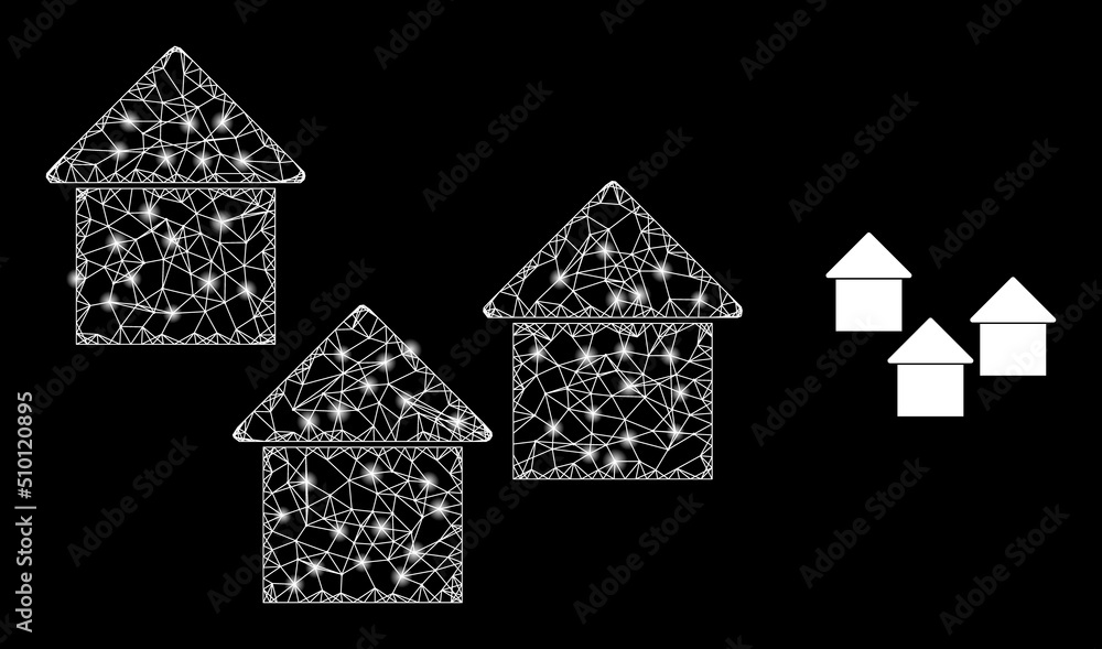 Poster mesh net village carcass icon with light spots. illuminated vector model based on village picture. v