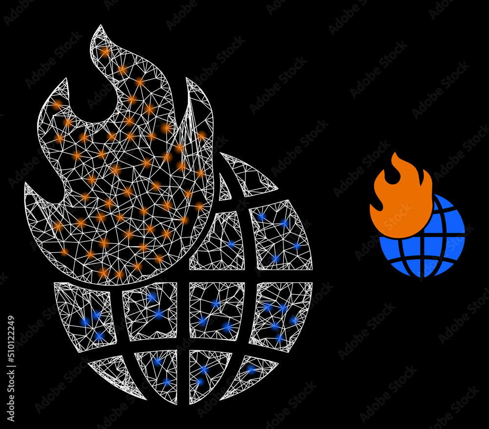 Poster crossing mesh world fire frame illustration with lightspots. illuminated vector model is created fro