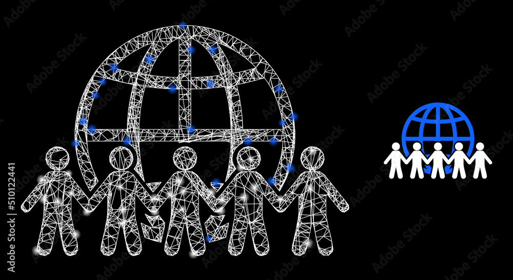 Poster net mesh world people carcass icon with lightspots. illuminated vector model is created from world p