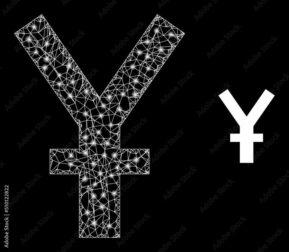Poster crossing mesh yen carcass icon with light spots. illuminated vector model is created from yen icon. 