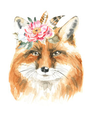 Watercolor woodland animal fox. Single boho fox isolated cute animal. Nursery woodland illustration. Bohemian boho animals for baby shower, nursery print, decor, baby shower invitation, greeting card