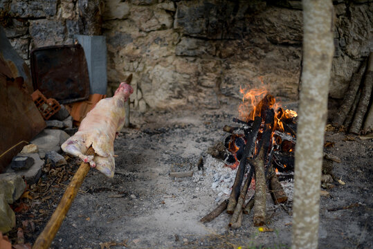 Roasting a lamb in a traditional barbecue