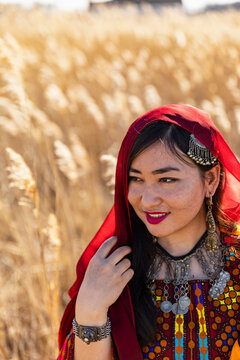 Young Afghani Woman Face Portrait in Traditional Dress 
