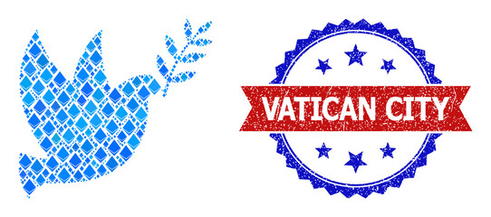 Blue jevel composition peace dove icon, and bicolor textured Vatican City seal stamp. Crystal related parts are arranged into abstract collage peace dove icon.