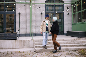 Lesbian couple enjoying their walk in old city 