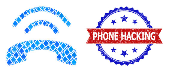Blue ethereum collage phone ring icon, and bicolor unclean Phone Hacking seal stamp. Diamond related elements are grouped into abstract mosaic phone ring pictogram.