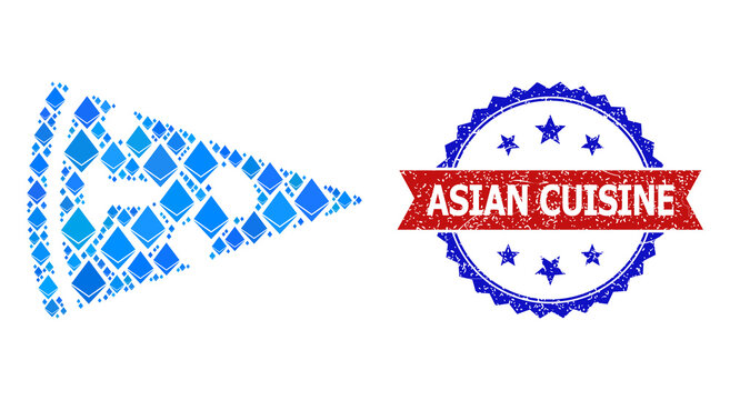 Blue jevel mosaic pizza piece icon, and bicolor unclean Asian Cuisine stamp. Gemstone related elements are united into abstract mosaic pizza piece icon.