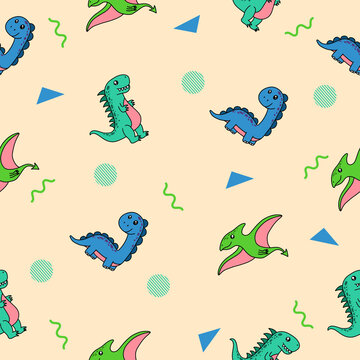 cute many colorful dinosaur animal seamless pattern colorful object wallpaper with design light cream.