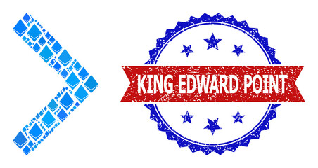 Blue brilliant composition right direction icon, and bicolor rubber King Edward Point watermark. Crystal related parts are united into abstract collage right direction icon.