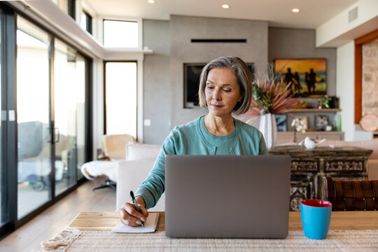Older Woman Takes Notes While Using Her Laptop