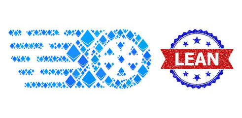 Blue gemstone mosaic rush wheel icon, and bicolor rubber Lean stamp. Brilliant related items are united into abstract mosaic rush wheel icon. Red round stamp has Lean title inside circle.