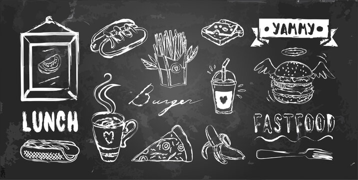 Vector set of fastfood and cafe menu with frame, ribbon, drinks and hand written words on blackboard. Chalkboard style, Doodle by chalk. Cafe and shop decoration isolated elements.