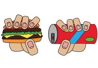 hamburger and can with drink in hands, picture isolated on white background in cartoon style in vector graphic