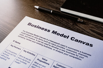 There is dummy documents that created for the photo shoot on the desk about Business Model Canvas.