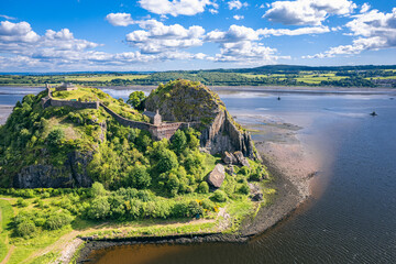 Dumbarton Castle over River Clyde and River Leven from a drone, Scotland, UK