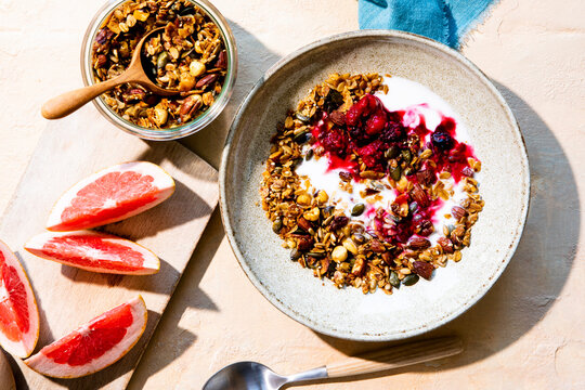 Granola with fruit and kefir milk